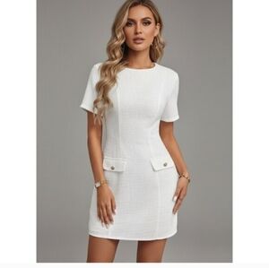 Crewneck Short Sleeve Faux Pocket Mini Dress White